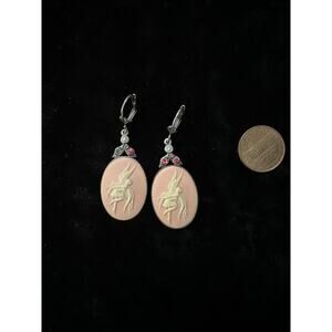 Fantasy Fairy Cameo Drop Earrings Pink Oval Vintage Style